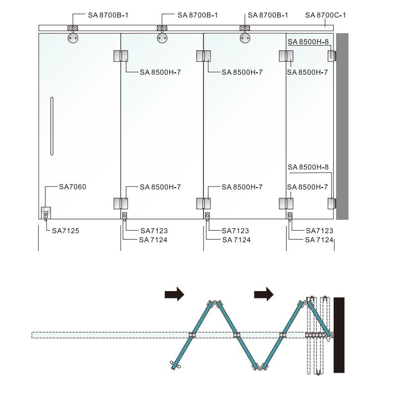 Folding door frameless hinge door details