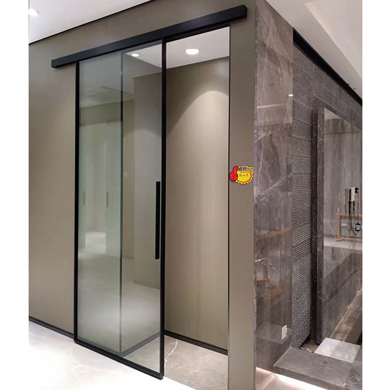 HDSAFE Interior Glass Door Black Frame Sliding Glass Door Soft Close Glass Sliding Barn Door Hardware Trackless Sliding Door