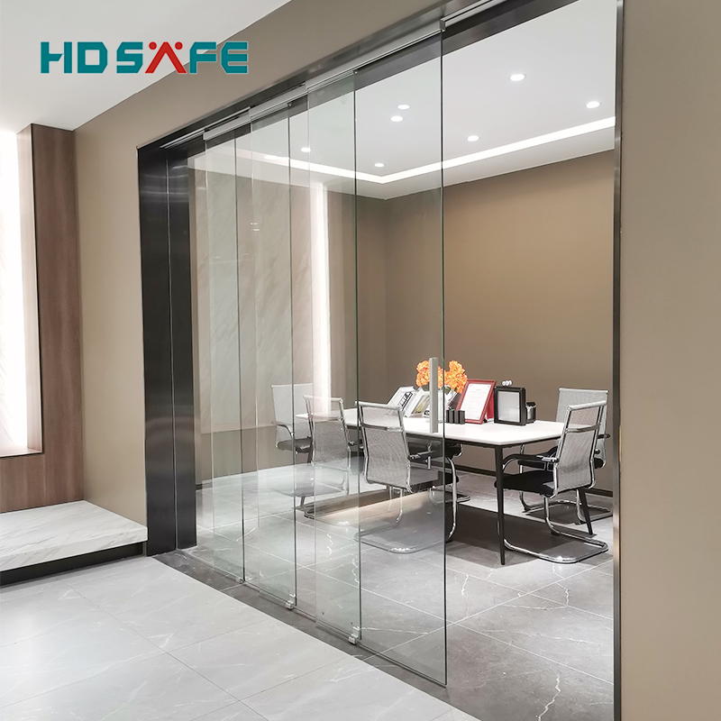 New Design Tempered Soft Closing Frameless Sliding Door 4 Panel Office Synchronous Glass Door