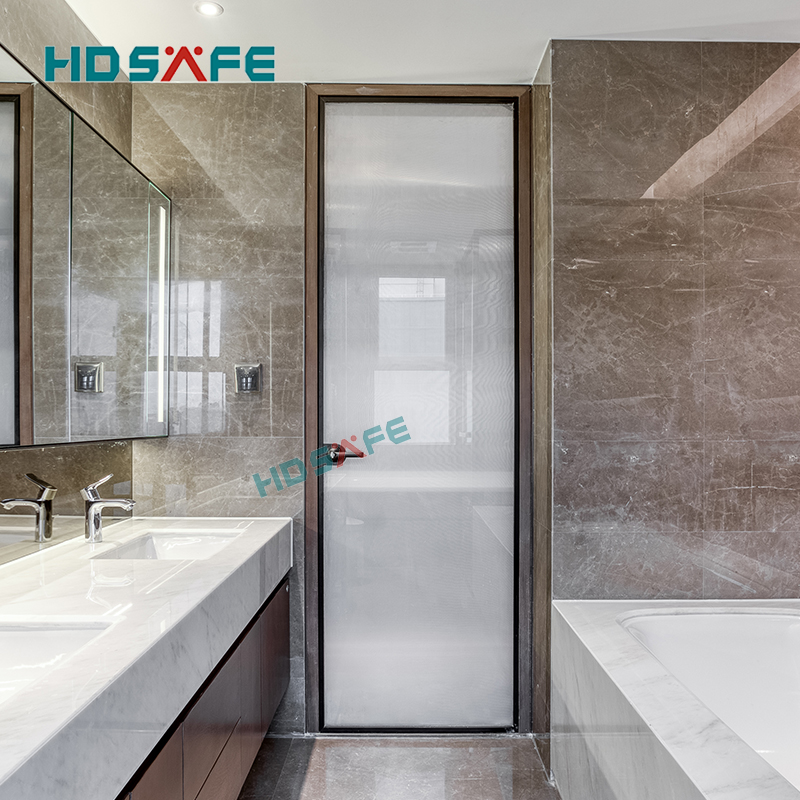 HDSAFE Interior Black Narrow Frame Aluminium  Frosted Tempered Glass Swing Door Glass Flush Door