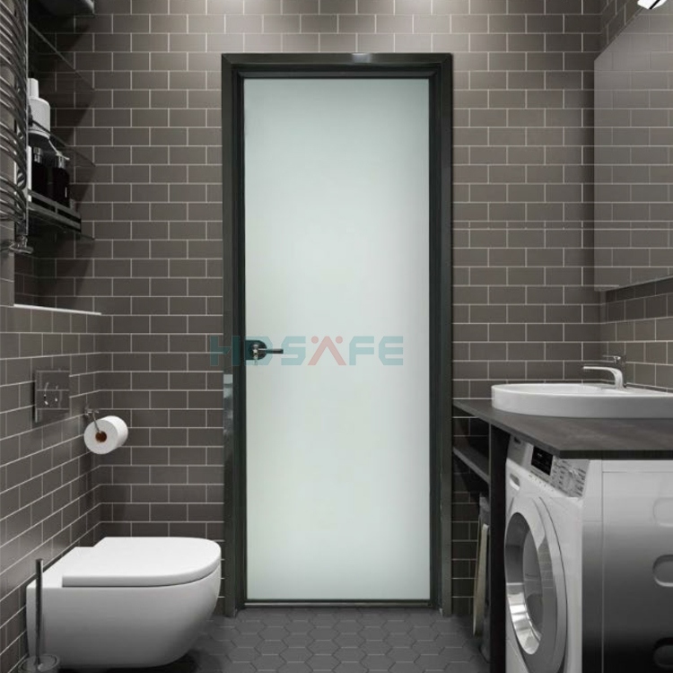 HDSAFE Interior Black Narrow Frame Aluminium  Frosted Tempered Glass Swing Door Glass Flush Door