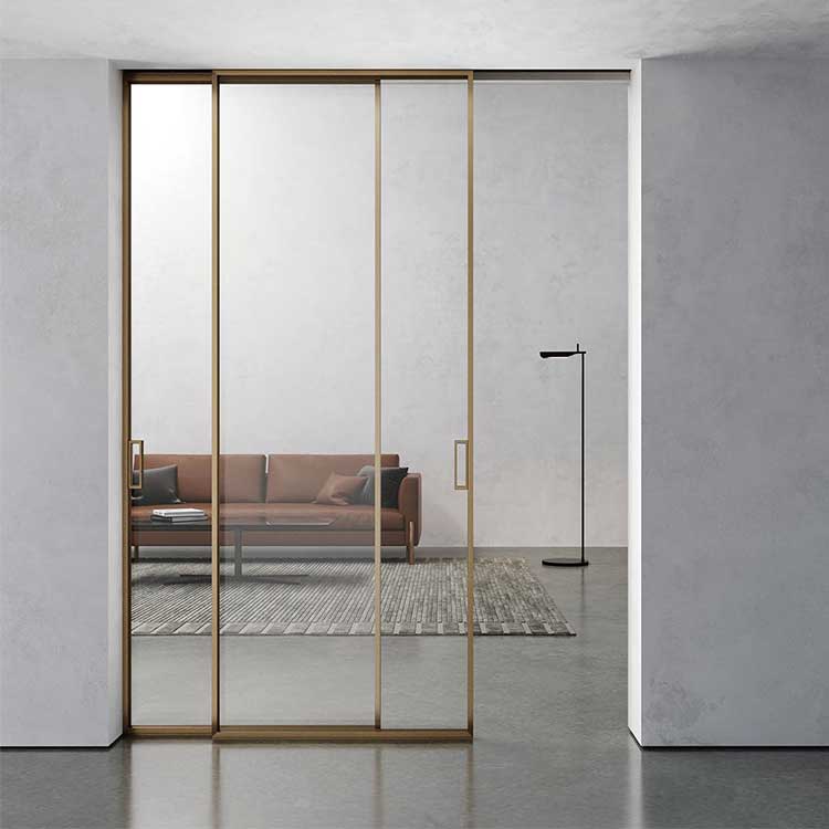 Golden Panel Frosted Glass Interior Door Narrow Frame Aluminum Track Tempered 8mm Glass Sliding Doors Interior