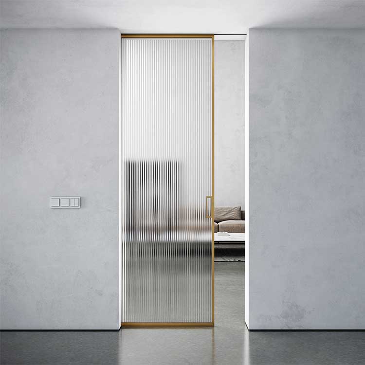 Golden Panel Frosted Glass Interior Door Narrow Frame Aluminum Track Tempered 8mm Glass Sliding Doors Interior