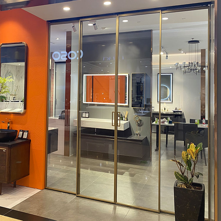 Golden Panel Frosted Glass Interior Door Narrow Frame Aluminum Track Tempered 8mm Glass Sliding Doors Interior