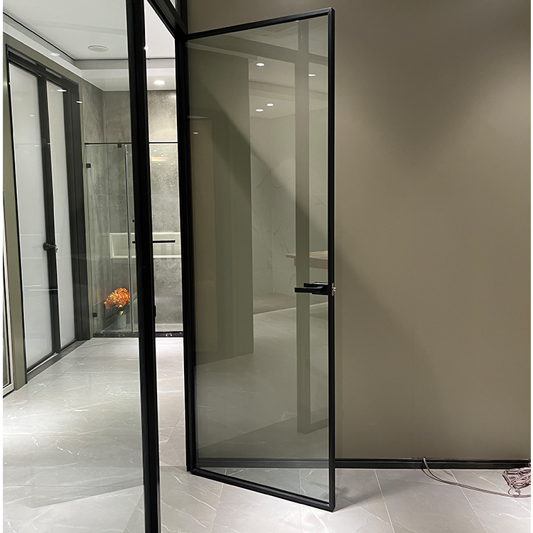 HDSAFE Interior Black Narrow Frame Aluminium Door Frosted Tempered Glass Swing Door