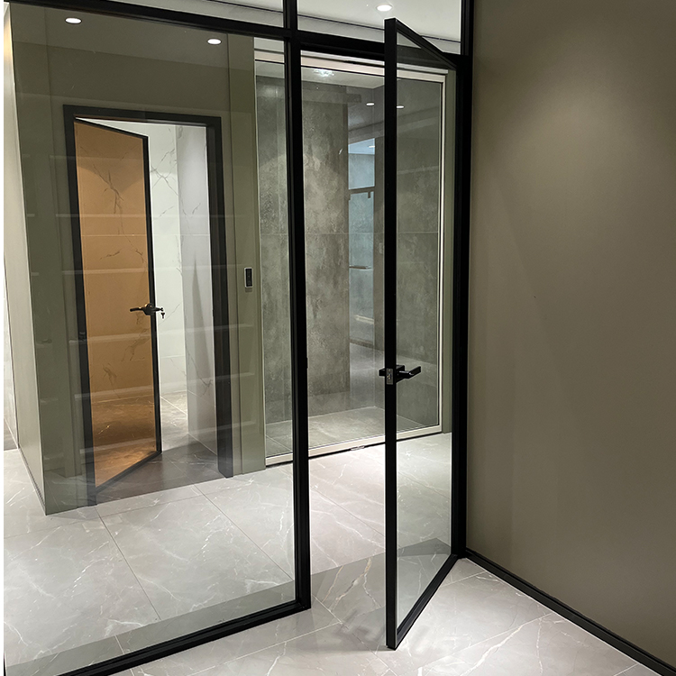 HDSAFE Interior Black Narrow Frame Aluminium Door Frosted Tempered Glass Swing Door