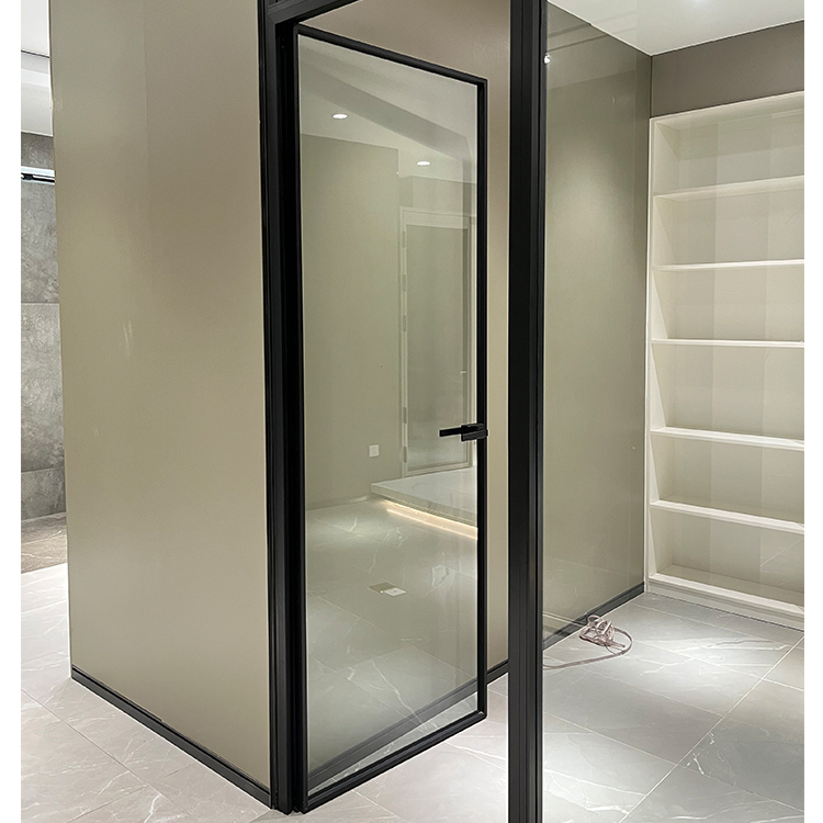 HDSAFE Interior Black Narrow Frame Aluminium Door Frosted Tempered Glass Swing Door