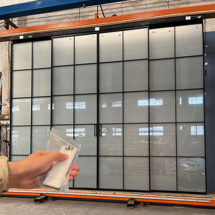 Automatic smart glass sliding glass door with black bar slim frame door