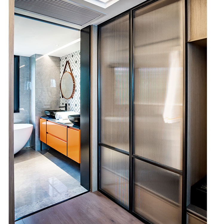 HDSAFE Fluted Glass Door Office Bedroom Interior Room Partition Doors Slim Frame Aluminum Glass Sliding Doors