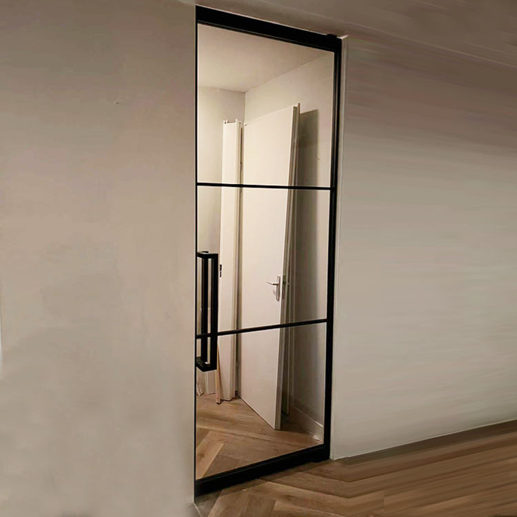 Interior Frame Black Glass Door Toilet Single Swing Casement Door Pivot Hinge Aluminum Glass French Door