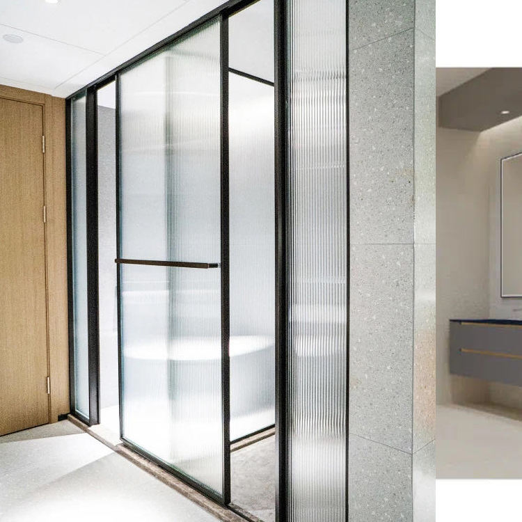 HDSAFE Fluted Glass Sliding Door Interior Hotel Sliding Glass Shower Bathroom Door Aluminum Frame Glass Doors