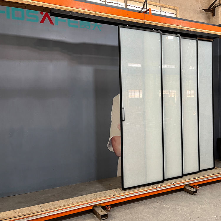 Synchronous Aluminum 3 Panel Sliding Glass Door Office Black Frame Sliding Door Interior Partition Wall Room