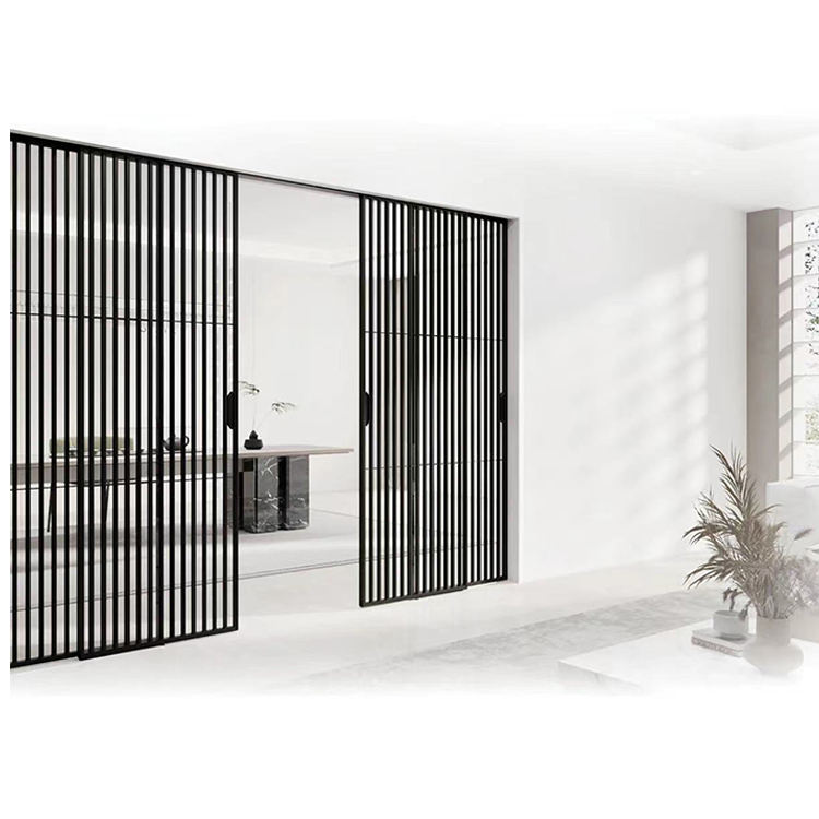 HDSAFE Modern Interior Glass Sliding French Door Matte Black  Aluminum Sliding Door Home Glass Door