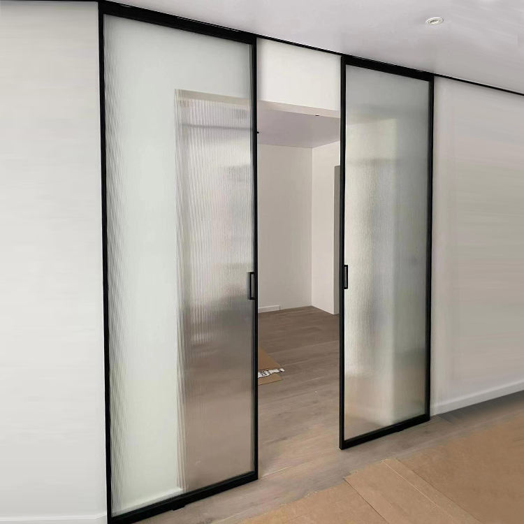 HDSAFE Black Frame Interior Door Aluminum Sliding Glass Door Double Kitchen Sliding Door