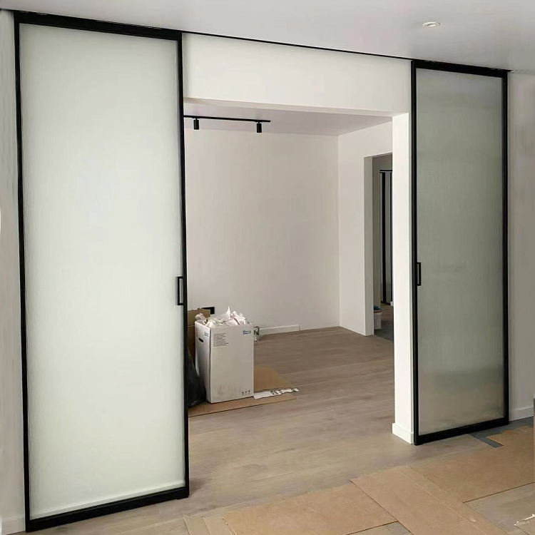 HDSAFE french glass sliding door system aluminum black frame interior glass door