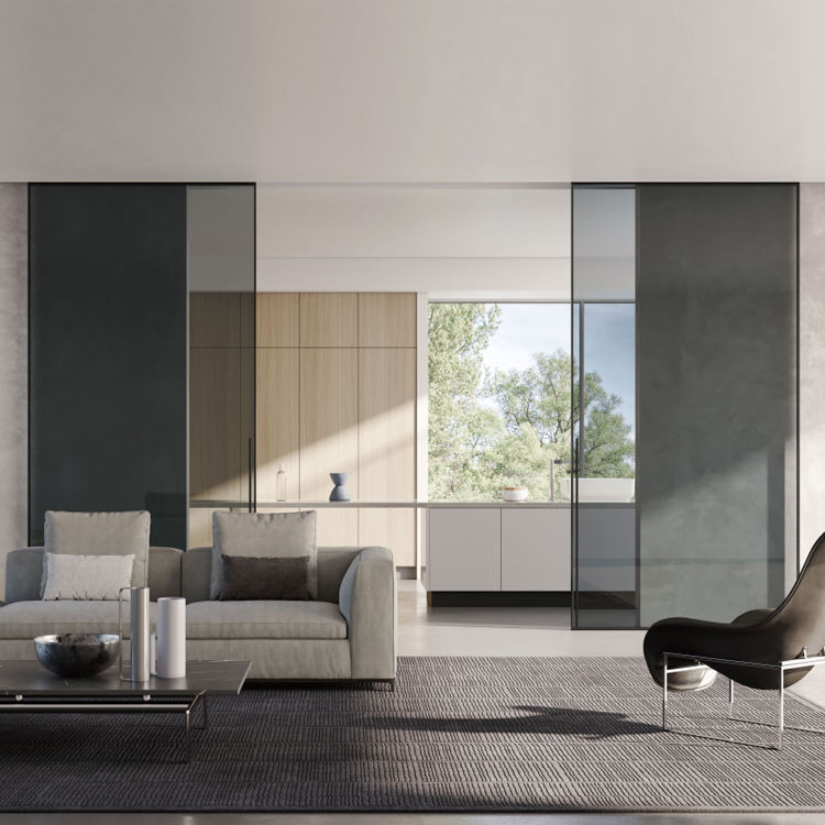 HDSAFE Black Frame Interior Door Aluminum Sliding Glass Door Double Kitchen Sliding Door