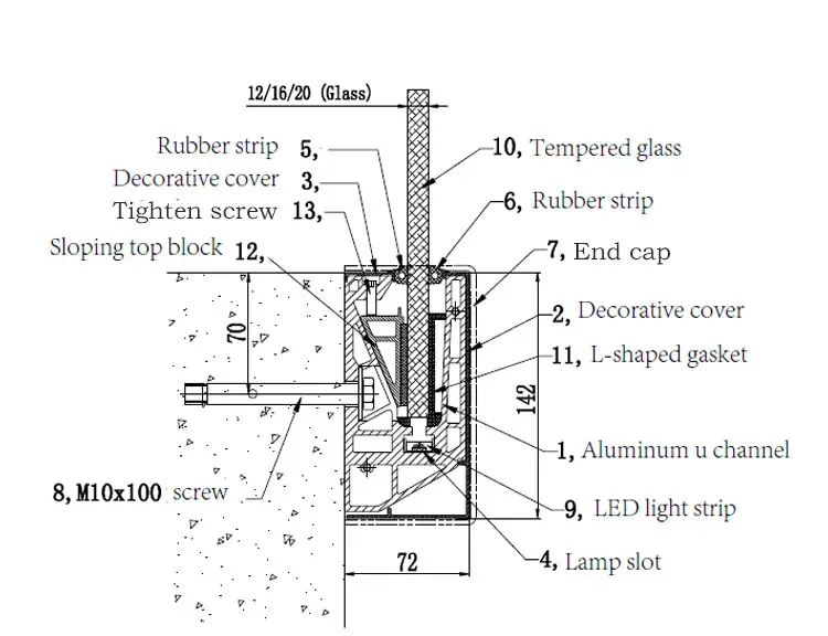 HDSAFE Factory Glass Railing For Frameless 12-20mm Glass Balustrade LED Glass handrail Railing