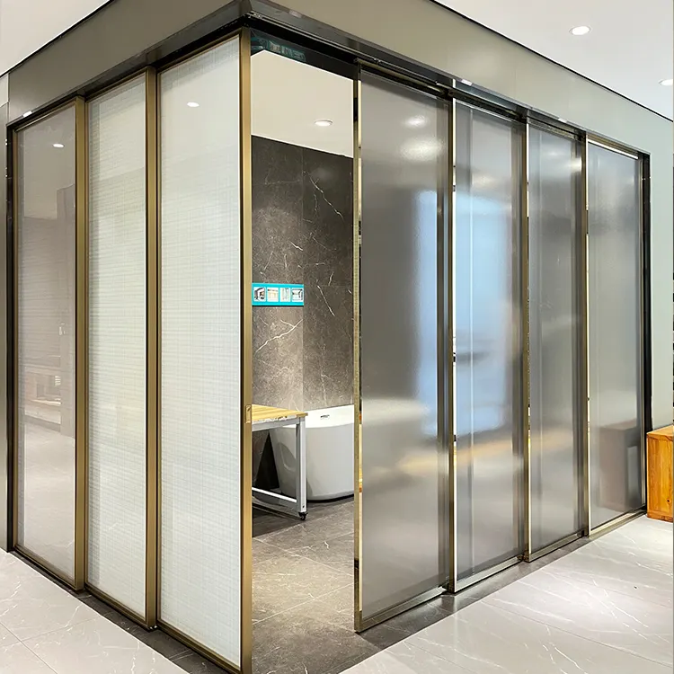 HDSAFE Narrow Frame Frosted Glass 4 Panels No Bottom Track Luxury Sliding Door System