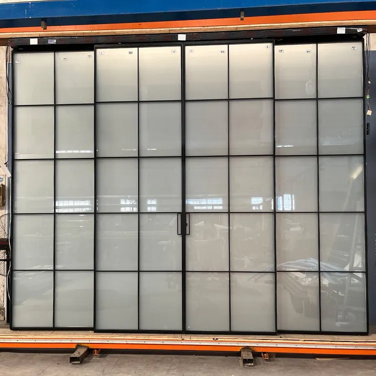 HDSAFE Black Aluminum Slim Glass Sliding Door Office Aluminum Partition Door 4 Panel Frosted Glass Door