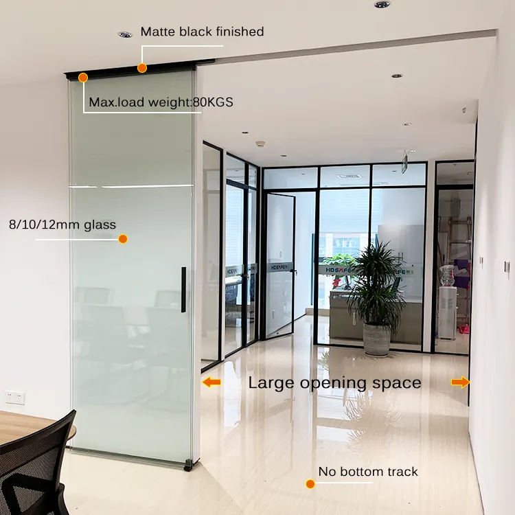 HDSAFE Aluminum 8-12mm Tempered Frameless Glass Door Office Patio Frameless Sliding Door Interior