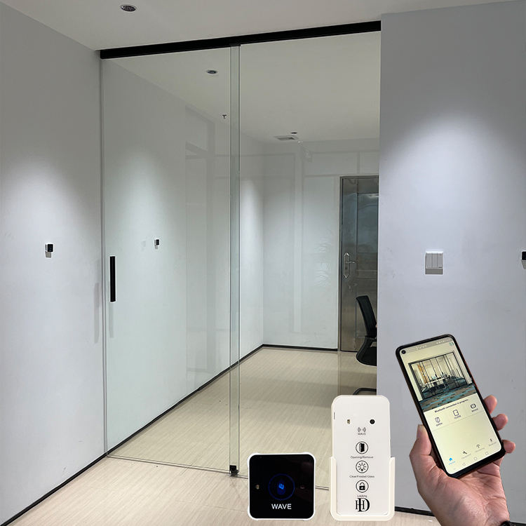 HDSAFE Aluminum Automatic Sliding Door System Sensor Frameless Sliding Glass Door Office Interior