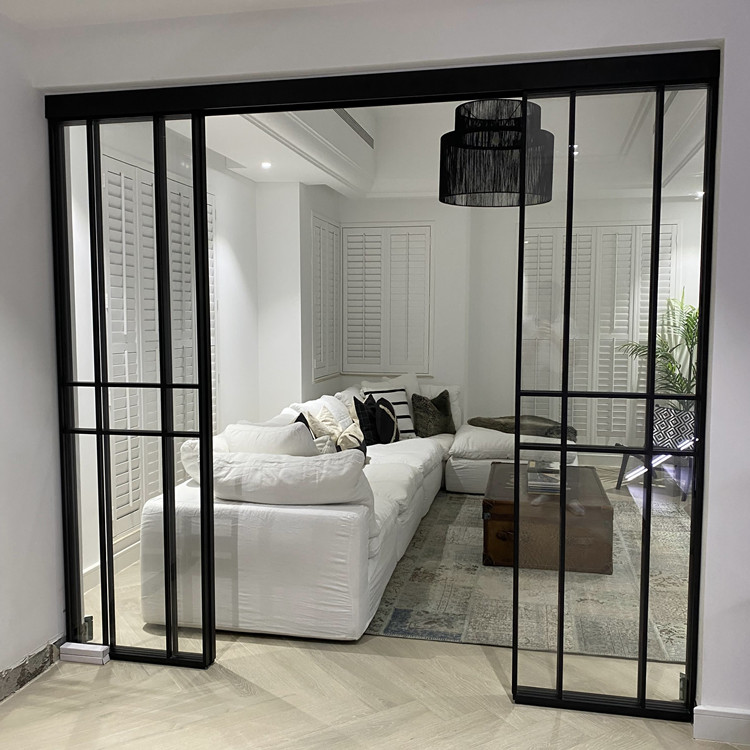 HDSAFE Black Aluminum Slim Frame Glass Sliding Door French Door Interior Office Partition Wall