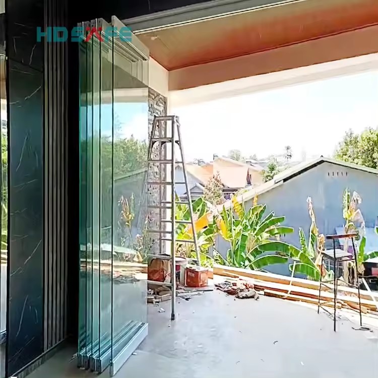 HDSAFE Frameless Sliding Folding Doors Glass Balcony Glazing System Foldable Partition Track Glass Door Patio