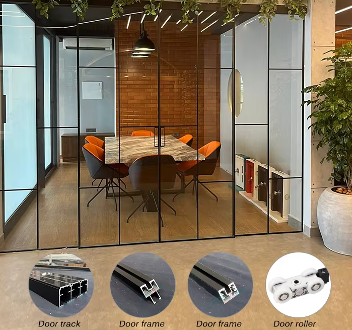Aluminum Sliding Doors Factory Stack Frosted Glass Door Black White Frame 4 Panels Commercial Telescopic Sliding Door Hardware