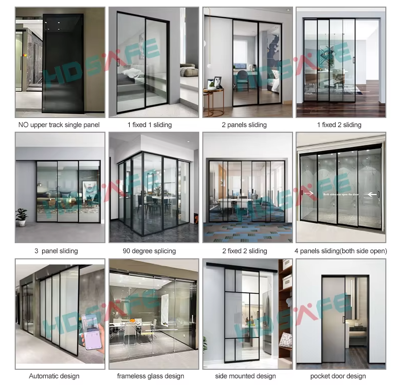 Aluminum Sliding Doors Factory Stack Frosted Glass Door Black White Frame 4 Panels Commercial Telescopic Sliding Door Hardware