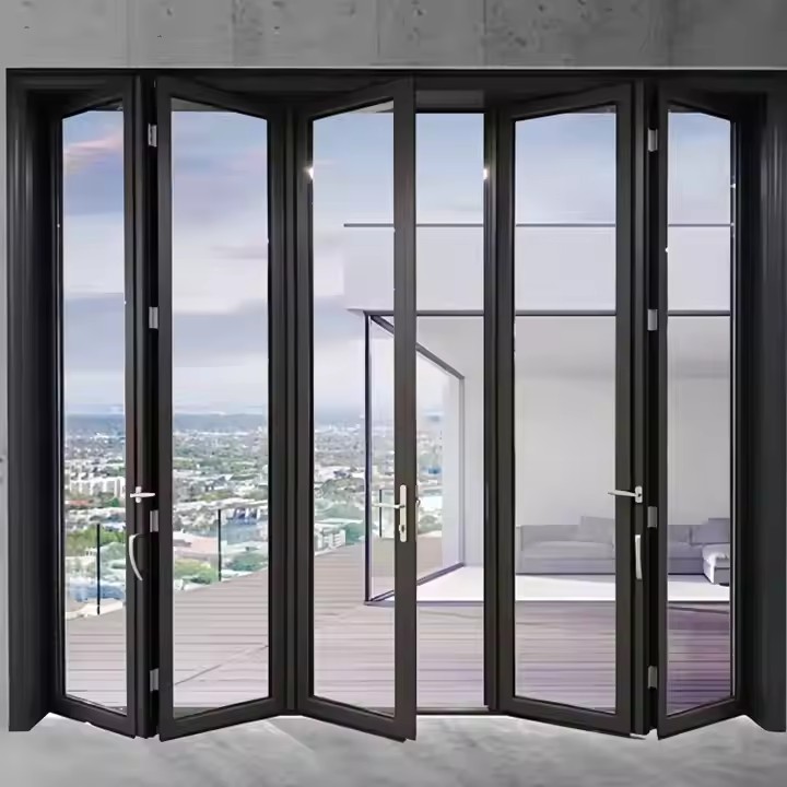 Aluminium Bi-Fold Patio Door OEM ODM Waterproof Soundproof Outdoor Folding Vertical Mall Door Foldable Opening Method