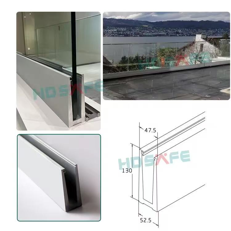 Outdoor Aluminum U Channel Glass Railing Profile Balcony Laminated Frameless Glass Balustrade Railing Clamp Deck Glass Handrail