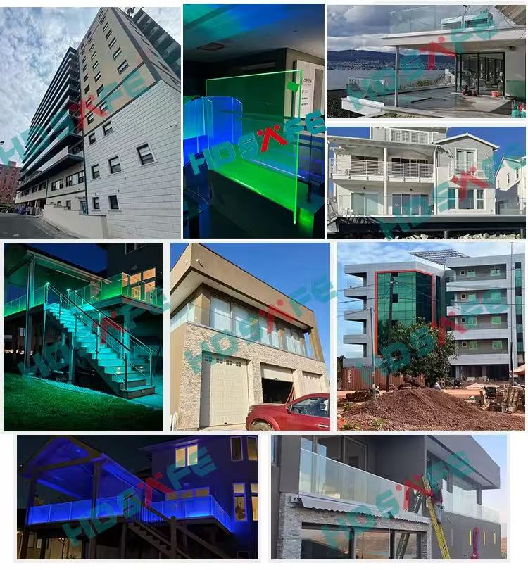 HDSAFE Villa Stainless Steel Stair Handrail LED Balcony Glass Balustrade Hotel Office Building LED Light U Channel Glass Railing
