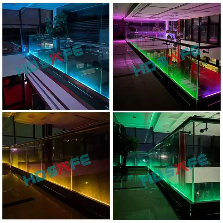 HDSAFE Villa Stainless Steel Stair Handrail LED Balcony Glass Balustrade Hotel Office Building LED Light U Channel Glass Railing
