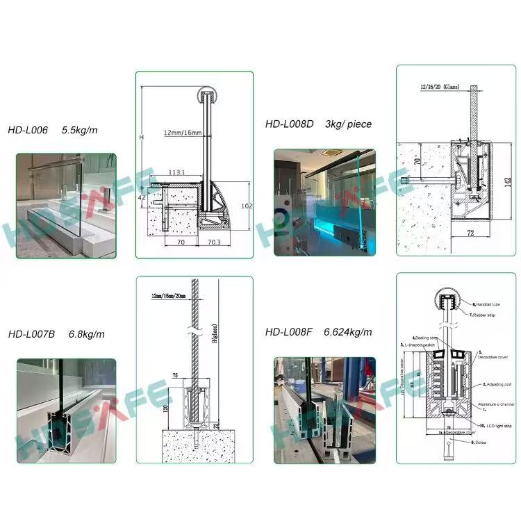 HDSAFE Villa Stainless Steel Stair Handrail LED Balcony Glass Balustrade Hotel Office Building LED Light U Channel Glass Railing