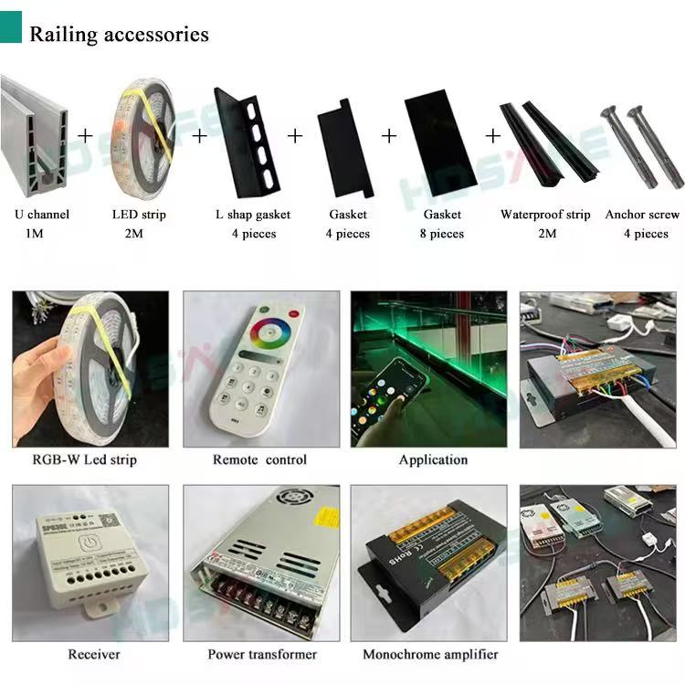 HDSAFE Villa Stainless Steel Stair Handrail LED Balcony Glass Balustrade Hotel Office Building LED Light U Channel Glass Railing