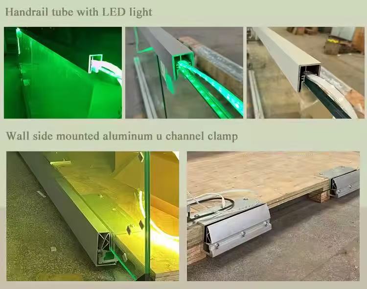 Balcony Glass Panel Side Mounted Glass Railing U Channel Deck Floor Base Aluminum Balustrades Handrails LED Light Glass Railing