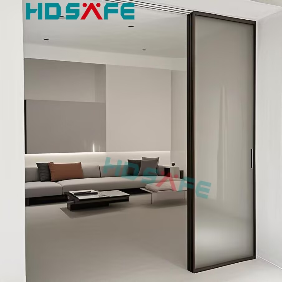HDSAFE Frameless Glass Sliding Door for House 3 Panels No Bottom Track Apartment Soft Closing Black Sliding Glass Door Interior