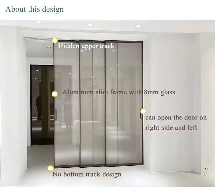 HDSAFE Frameless Glass Sliding Door for House 4 Panels No Bottom Track Apartment Soft Closing Black Sliding Glass Door Interior