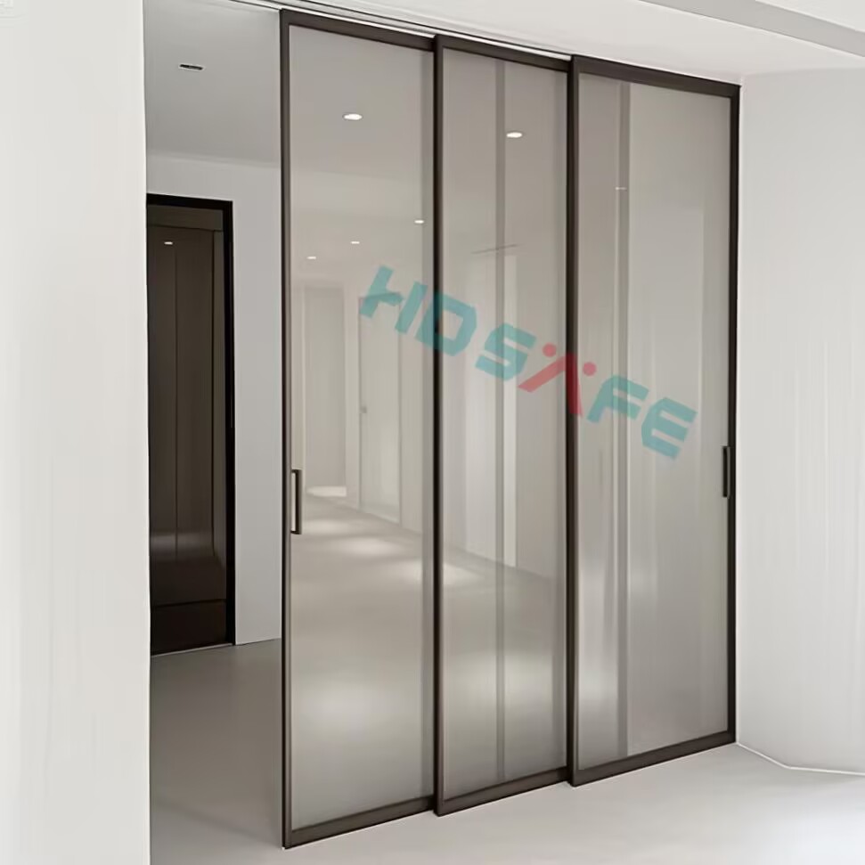HDSAFE Frameless Glass Sliding Door for House 3 Panels No Bottom Track Apartment Soft Closing Black Sliding Glass Door Interior