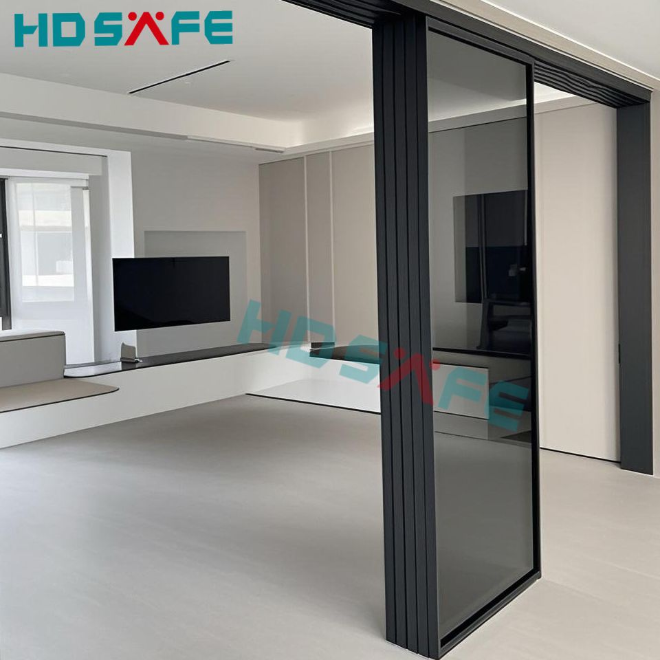 HDSAFE Frameless Glass Sliding Door for House 3 Panels No Bottom Track Apartment Soft Closing Black Sliding Glass Door Interior
