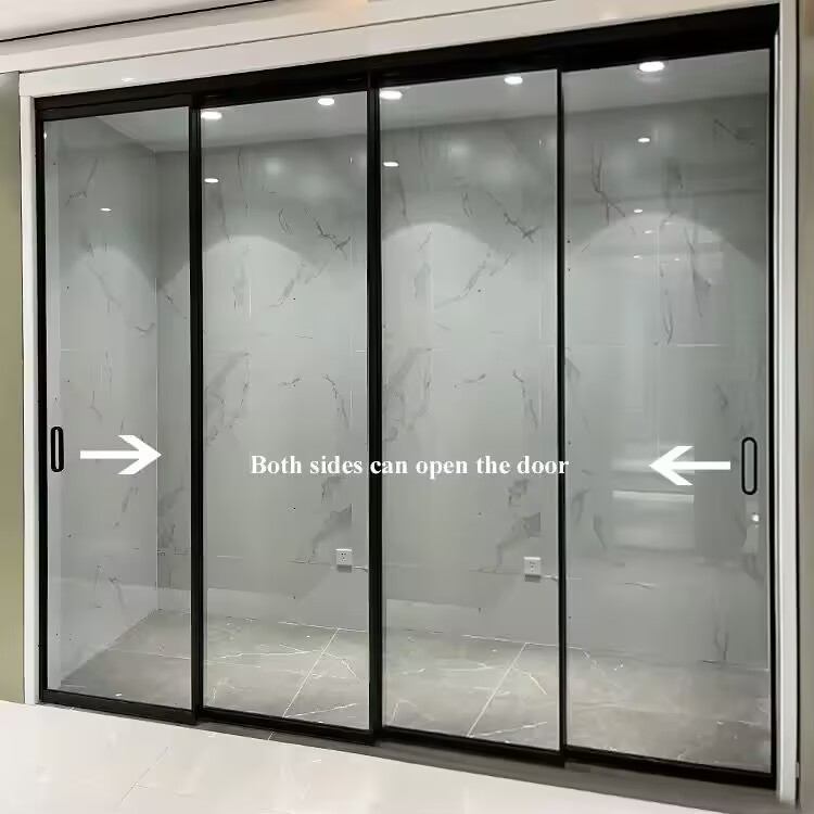 HDSAFE Frameless Glass Sliding Door for House 4 Panels No Bottom Track Apartment Soft Closing Black Sliding Glass Door Interior