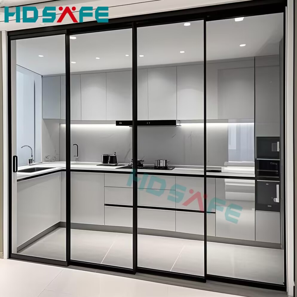 HDSAFE Frameless Glass Sliding Door for House 4 Panels No Bottom Track Apartment Soft Closing Black Sliding Glass Door Interior
