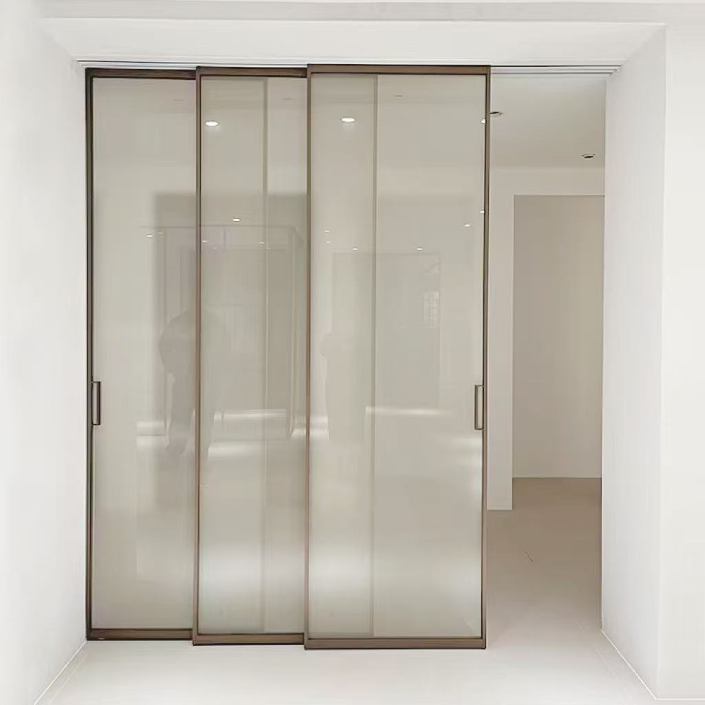HDSAFE Frameless Glass Sliding Door for House 4 Panels No Bottom Track Apartment Soft Closing Black Sliding Glass Door Interior