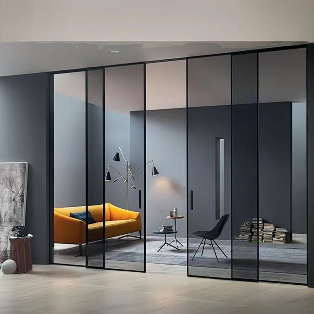 Black Aluminum Double Tempered Glass Patio Sliding Door Slim Glass Door Interior 4 Panel Living Room Glass Sliding Door
