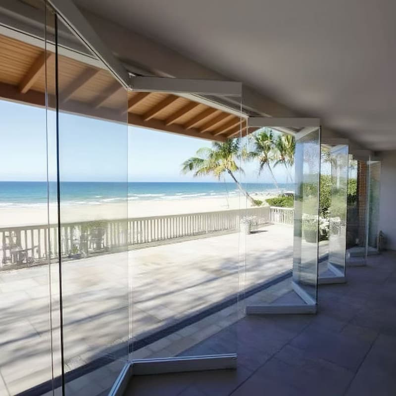 American Sunroom Project Frameless Glass Folding Door Glass Balcony Enclosure Panoramic Accordion Sliding Bifold Door Exterior
