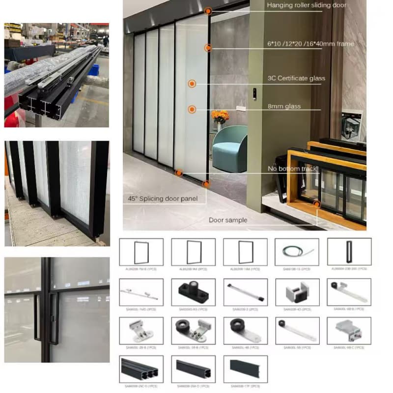 HDSAFE Soft Closing Sliding Door Aluminum Narrow Frame Room Interior Door Frosted Sliding Glass Door Office