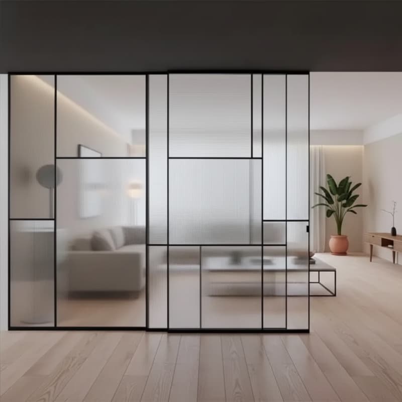 Commercial Residential Apartment Interior Frosted Glass Door Black Aluminum 3 Panel Kitchen Office Glass Sliding Door Hardware