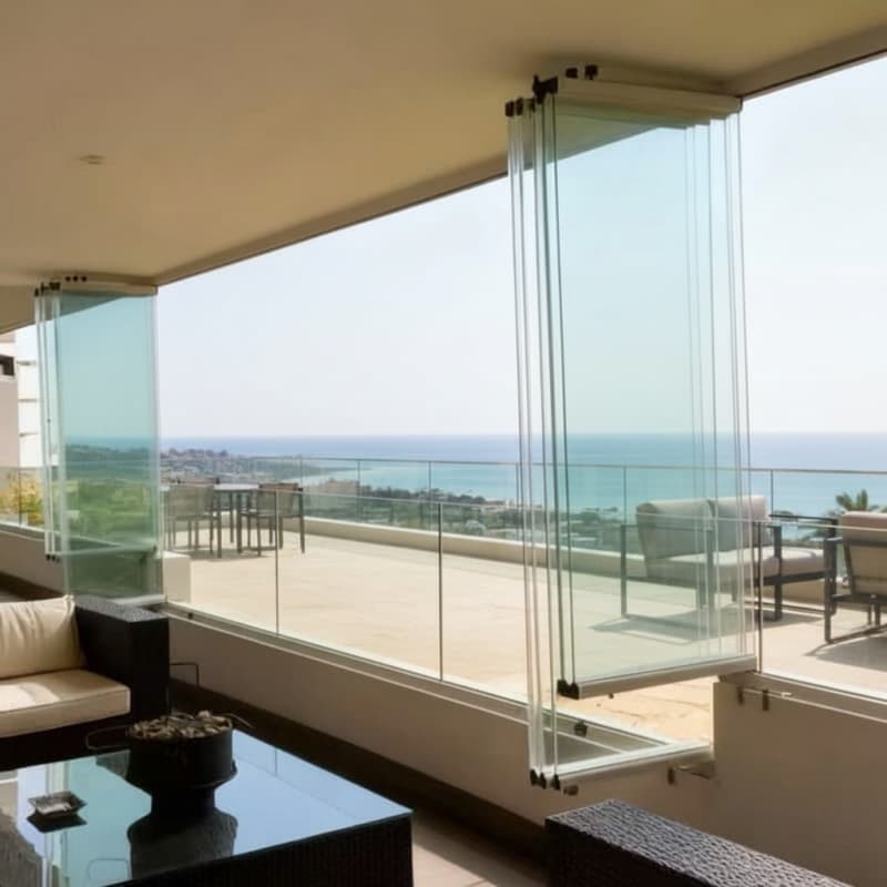 HDSAFE Glass Curtain Stack Panoramic Accordion Bifold Door Balcony Partition Folding Door Aluminum Frameless Sliding Folding Patio Door