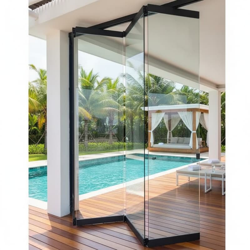 HDSAFE Glass Curtain Stack Panoramic Accordion Bifold Door Balcony Partition Folding Door Aluminum Frameless Sliding Folding Patio Door