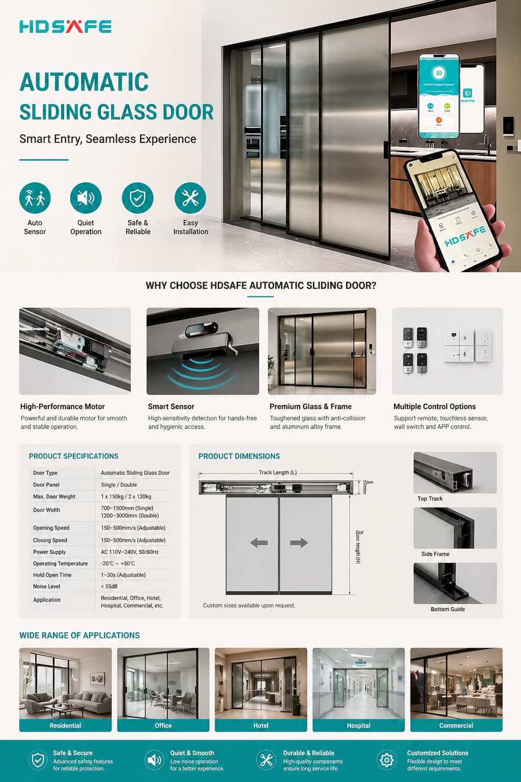 HDSAFE Slim Frame Glass Sliding Door Elegant Space Saving Design